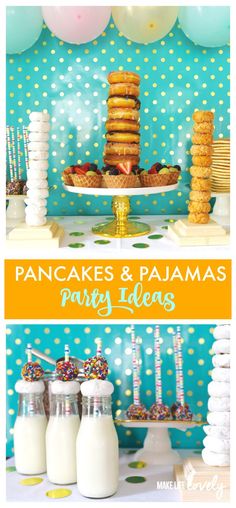 pancakes and pajamas party ideas with balloons on the wall, desserts in front of them