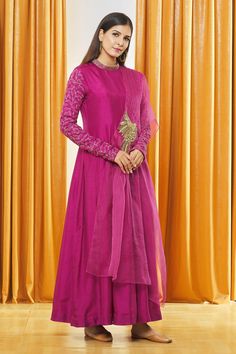 Buy Shristi Chetani Pink Dola Silk Sleeve Embroidered Anarkali Set Online | Aza Fashions Embroidered Semi-stitched Long Sleeve Anarkali Set, Embroidered Long Sleeve Anarkali Set For Diwali, Long Sleeve Embroidered Anarkali Set For Transitional Season, Embroidered Traditional Wear For Wedding And Eid, Traditional Long Sleeve Wear With Embroidered Sleeves For Wedding, Reception Kurta With Embroidered Long Sleeves, Wedding Salwar Kameez Embroidered Unstitched, Anarkali Sets With Long Sleeves For Reception, Bollywood-style Fitted Kurta With Embroidered Sleeves