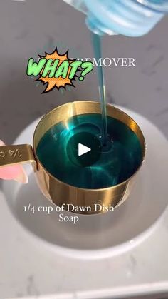 a person pouring liquid into a bowl with a spoon in it and the words what? mover below