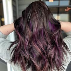 Raspberry Brown Hair Color, Wine Highlights On Dark Hair, Plum Hair With Blonde Highlights, Purple Highlights On Brown Hair, Purple On Brown Hair, Dark Purple Hair With Brown, Plum Balayage Hair, Dark Hair Colors For Fall, Dark Brown And Purple Hair