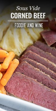 corned beef, carrots and potatoes on a white plate with text overlay