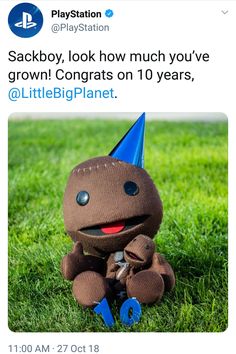 a stuffed animal sitting in the grass with a party hat on it's head