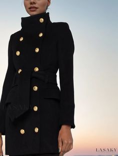 Lasaky - Sleek Mandarin Collar Double-Breasted Belted Tailored Black Long-Sleeve Coat Outerwear Coat Tails, Races Fashion, Long Black Coat, Winter Capsule, Tailored Coat, Woman's Fashion, Long Sleeves Coats, Outfit Combinations, Military Style