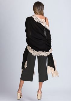 This black scarf is an all time classic. Woven from a fine silk and wool blend, it features a contrasting beige floral lace border making for the perfect any time wear accessory whilst keeping you comfortably warm. For a casual or formal look, this is a must - have in every woman's wardrobe. Black Scarf, Lace Border, Formal Looks, Women's Wardrobe, Wool Scarf, Black Silk, Every Woman, All Time, Floral Lace