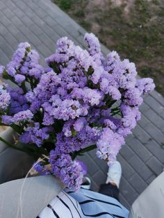 purple flowers in a vase sitting on the back of a person's lap outside