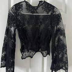 Never Worn Cropped Lace Shirt With Bell Sleeves Lace Long Sleeve Top For Night Out, Black Lace Top Blouse With Crew Neck, Crew Neck Lace Tops For Night Out, Fitted Long Sleeve Lace Top Shirt, Black Long Sleeve Lace Top For Summer, Black Casual Lace Top For Fall, Casual Black Lace Top For Fall, Spring Black Lace Top, Black Lace Top For Spring