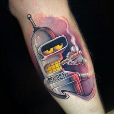 a man's arm with a cartoon character on it and the words ironman