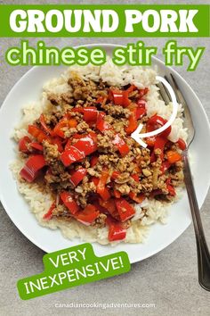 Ground pork Chinese stir fry with peppers and rice Stir Fry With Peppers, Ground Pork Stir Fry, Peppers And Rice, Pork Chinese, Quick Chicken Dinner, Chinese Stir Fry, Pork Stir Fry