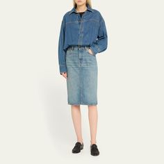 HAIKURE "Joelle" knee-length shirtdress in two-tone denim  Point collar Seamed yoke  Dropped shoulders Long sleeves with button cuffs Blouson bodice with button-front  Five-pocket style Straight skirt  Button/zip fly; belt loops  Cotton Machine wash Made in Italy Spring Denim Skirt For Workwear With Button Zip Fly, Spring Denim Dress With Snap Buttons For Work, Denim Workwear Dress With Snap Buttons, Workwear Denim Dress With Snap Buttons, Daywear Denim Dress With Pockets, Summer Button-up Denim Skirt For Work, Denim Dress With Snap Buttons For Workwear, Classic Long Sleeve Denim Dress, Spring Button-up Denim Skirt For Workwear