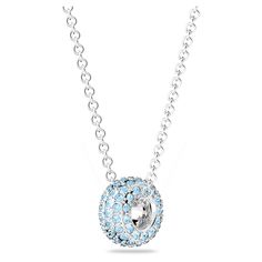 Stone pendant, Blue, Rhodium plated | Swarovski Elegant Light Blue Round Pendant Necklace, Light Blue Aquamarine Pendant Necklace, Formal Silver Aquamarine Necklace, Gift Jewelry With Blue Topaz In Pave Setting, Bracelet Tennis, Octagon Shape, Swarovski Stones, Swarovski Necklace, Elegant Pendant