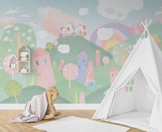 a child's room with a teepee tent and rugs on the floor