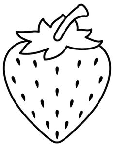 a black and white drawing of a strawberry with leaves on the top, outlined in outline