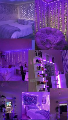 purple and white bedroom with lights on the walls