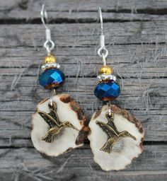 Hummingbird Deer Antler Earrings Gold Hummingbird, Antler Earrings, Deer Antler, Deer Antlers, Natural Brown, Blue Beads, Style Jewelry, Western Style, Antlers