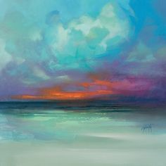 an oil painting of a sunset over the ocean with blue, pink and orange clouds