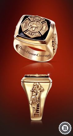 a gold ring with an image of a fireman on it and the words,'department