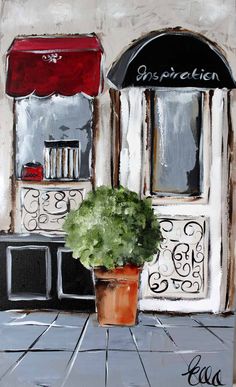 a painting of a potted plant sitting in front of a building with a red awning