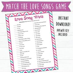 the love song trivia printable is shown