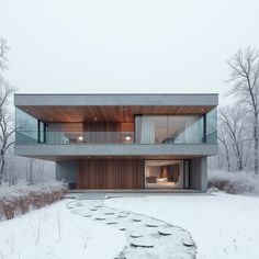 a modern house in the middle of winter with snow on the ground and trees around it