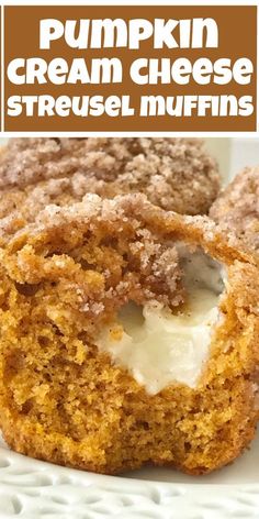 pumpkin cream cheese streusel muffins on a white plate with text overlay