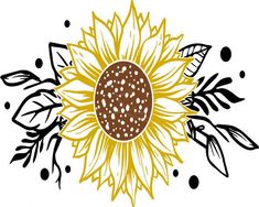 a sunflower with leaves and dots on it