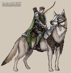 a drawing of a man riding on the back of a white wolf with a bow