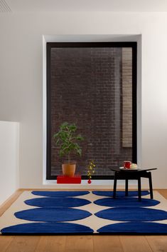 a living room with a blue rug and potted plant in front of a window