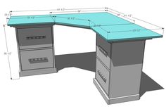 a drawing of a desk with drawers on the top and bottom, measurements for each drawer