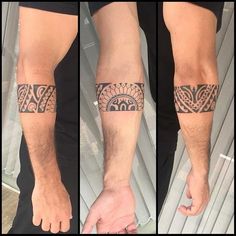 three different pictures of a man's arm with tattoos on it