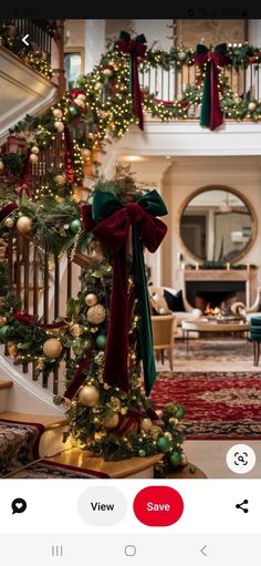 the christmas tree is decorated with green and red bows