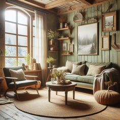 a living room filled with lots of furniture and decor on top of a wooden floor