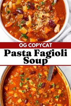 two bowls of pasta fagioi soup with the title overlay