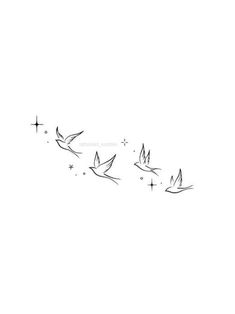 a line drawing of birds flying in the sky with stars on it's side