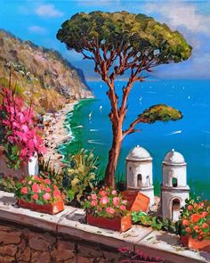 an oil painting of flowers and trees by the ocean