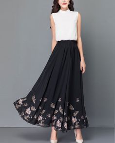 * A long skirt with elastic waist and beautiful prints. * A-line shape and wide hem, can make you look more taller and slimmer. * Made of pearl chiffon and fully lined. * Can custom make waist size and skirt length. * Material: 100% polyester * Size: True to US size, US 0-US 20 are available, you can let us know your usual size and height in your order. * Shipping: Free shipping Processing time : 5-7 Business days Delivery time : 7-20 Business days Tracking number available If you need rush orde Spring Maxi Dress With Gathered Skirt, Spring Maxi Dress With Voluminous Flared Skirt, Flowy Long Floral Print Pleated Skirt, Black A-line Maxi Skirt For Summer, Spring Pleated Flowy Maxi Dress, Spring Flowy Pleated Maxi Dress, Spring Maxi Dress With Flared Gathered Skirt, Spring Maxi Dress With Gathered Flared Skirt, Floral Print Full Maxi Skirt