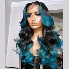 Human Hair Lace Front Styled Wig 4x4 Wig, Colourful Hair, Blue Highlights, Raw Hair, Black Hairstyles