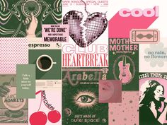 collage of various posters and stickers with the words club heart break on them