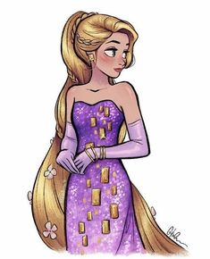 a drawing of rappui from tangled hair with long blonde hair and purple dress