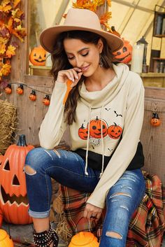 Cowl Neck Pumpkin Print Color Block Halloween Sweatshirt Casual Long Sleeve Halloween Hoodie, Hooded Halloween Sweatshirt, Cotton Long Sleeve Halloween Sweater, Long Sleeve Cotton Halloween Sweater, Long Sleeve Cotton Sweater For Halloween, White Hooded Top For Halloween, Halloween Elements, Sweatshirts For Women, Pumpkin Print