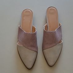 Shoes Are Pink And Grey And Are Brand New In Box Pink Leather Slip-on Mules, Chic Pink Flat Mules, Chic Pink Closed Toe Mules, Pink Synthetic Mules With Flat Heel, Pink Flat Heel Synthetic Mules, Pink Synthetic Flat Heel Mules, Elegant Pink Synthetic Mules, Pink Leather Flat Mules, Pink Leather Pointed Toe Mules