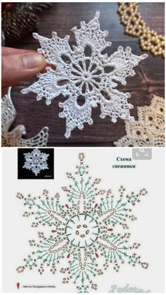 crocheted snowflakes are shown in three different pictures