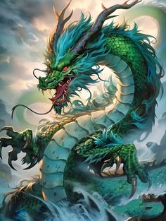 a green dragon sitting on top of a body of water