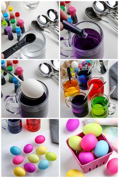 there are many different pictures of colored eggs in buckets and spoons on the table