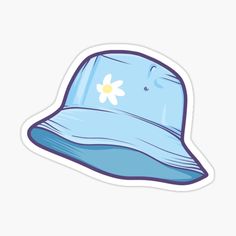 a blue hat with a white flower on the brim and side view sticker