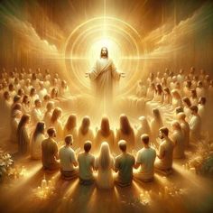 an image of jesus surrounded by people in the midst of a golden circle with light coming from it