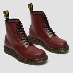 The 1460 Is The Original Dr. Martens Boot. Its Instantly Recognizable Dna Looks Like This: 8 Eyes, Classic Dr. Martens Smooth Leather, Grooved Sides, A Heel-Loop, Yellow Stitching, And A Comfortable, Air-Cushioned Sole. Durable And Famously Stiff To Start, Our Smooth Leather Can Be Polished To A Dapper Shine Or Artfully Scuffed-Up Depending On Your Preference. Size: 8 Women’s Color: Cherry Red Smooth Use Ones It’s Like Brand New. Doc Martens Original, Red Doc Martens, Doc Marten Boot, Red Leather Boots, Shoes Dr Martens, Womens Designer Boots, Embroidery Shoes, Dr Martens Black, Leather Lace Up Boots