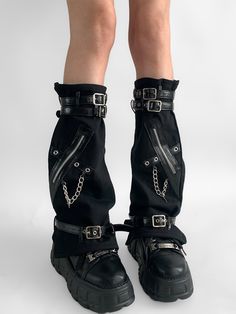 Elevate your alternative fashion game with these striking Punk Leg Sleeves. Designed for the bold and daring, these leg sleeves feature a unique zipper detailing and cross charm chain embellishments that exude an edgy vibe. The PU buckles add a touch of rebellious flair, ensuring a snug fit while you make a statement. Garment Size SizeFree SizeFull Length42.5Cuff35/44 Black Leg Warmers, Boots Diy, Steampunk Fashion Male, Gothic Skirts, Black Punks, Steampunk Accessories, Charm Chain, Leg Sleeves, Cross Chain