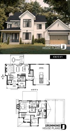 two story house plans with garage and living room on the first floor are shown in this image