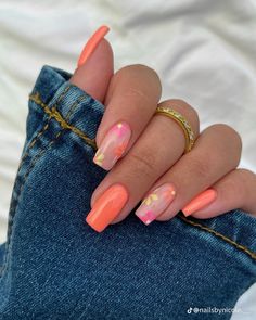 Spring Coral Nails Ideas, Tropical Nails Coffin Shape, Spring Nail Art Acrylic, Pink Coral Nails Acrylic, May Nails Coffin, Nail Art Designs Coral, Summer Nails Coral Design, Coral Square Acrylic Nails, Orange Nails With Design Summer