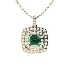 A sparkling diamond double halo ensconces the luscious cushion-cut Emerald in 14k Yellow Gold in this gorgeous pendant necklace, where poise meets extravagance. The glittering diamond-studded bail and the contrast of curved borders ending in strong edges enhance Abutilon’s aesthetic appeal. Gift this stunner to your confident woman today. S Aesthetic, Sparkling Diamond, Double Halo, Confident Woman